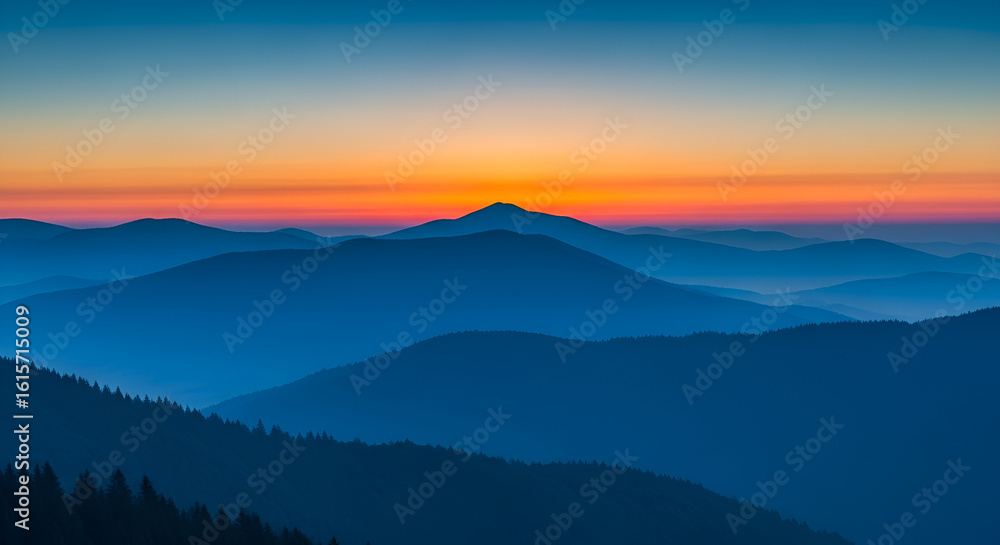 Fototapeta premium Serene Blue Mountain Range at Colorful Sunrise Landscape Scenery