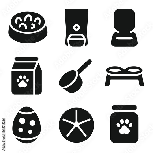 Pet Feeding Essentials Icons. Solid style icons of pet feeding tools: slow feeder bowl, automatic feeder, gravity waterer, food