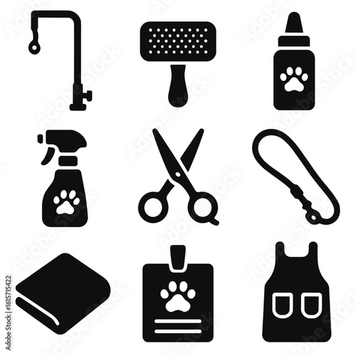 Show Pet Grooming Icons. Solid style icons of grooming for show pets: grooming arm stand, slicker show brush, ear chalk, coat