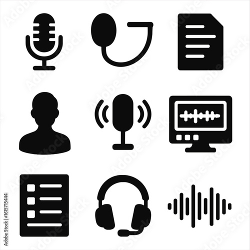 Podcast Essentials Icons. Solid style icons of podcasting essentials: condenser mic, pop filter screen, show notes paper, guest