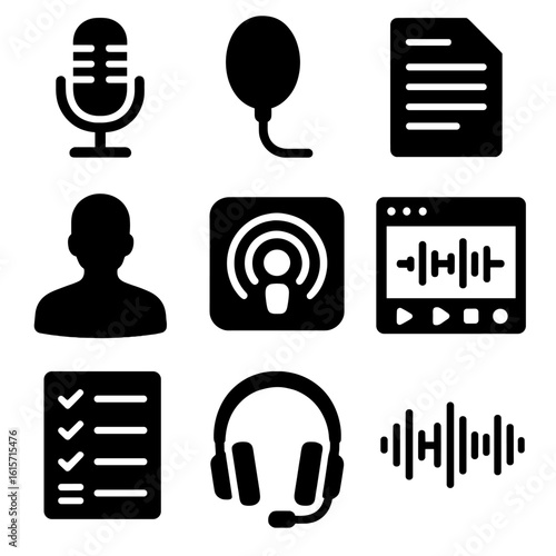 Podcast Essentials Icons. Solid style icons of podcasting essentials: condenser mic, pop filter screen, show notes paper, guest
