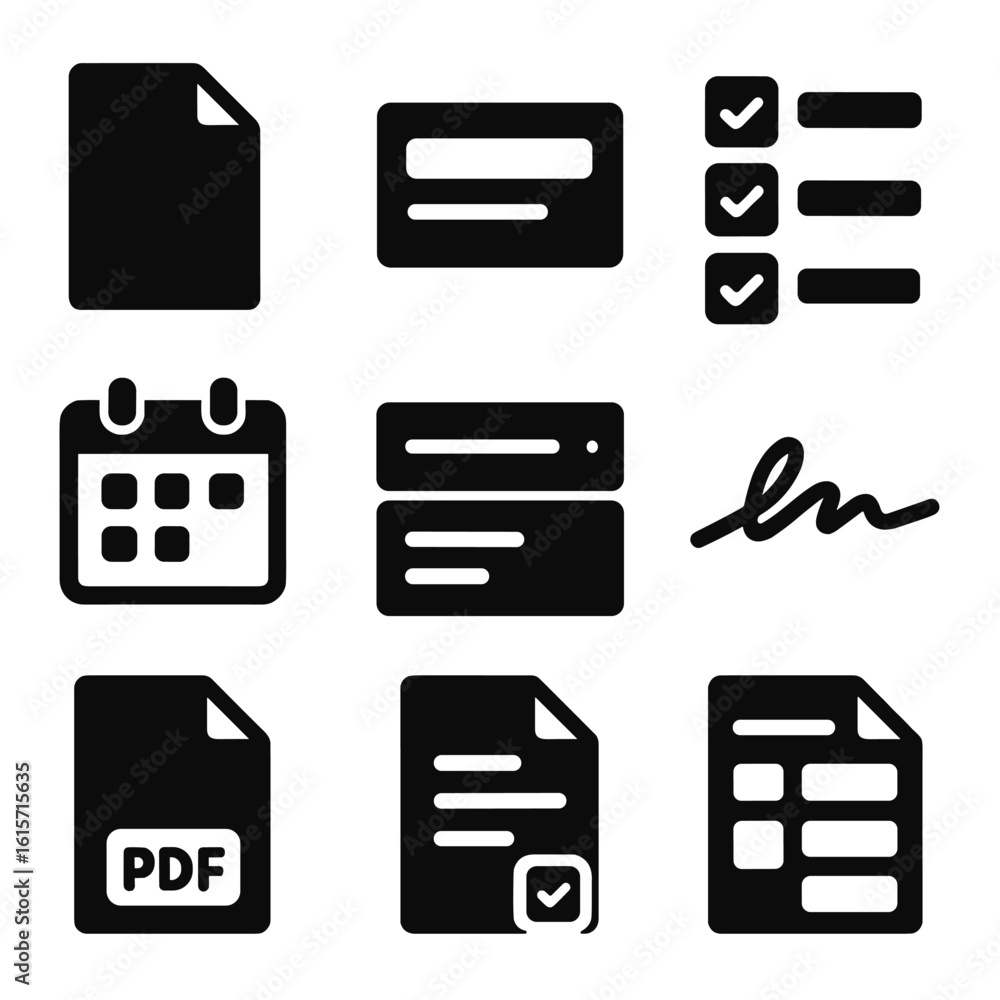 Obraz premium Editable Form Icons. Solid style icons of editable forms and templates: blank form sheet, editable field box, checkbox list, date