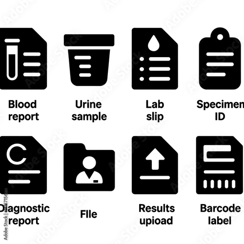 Laboratory Record Icons. Solid style icons of laboratory records: blood test report, urine sample form, lab slip, specimen ID tag,