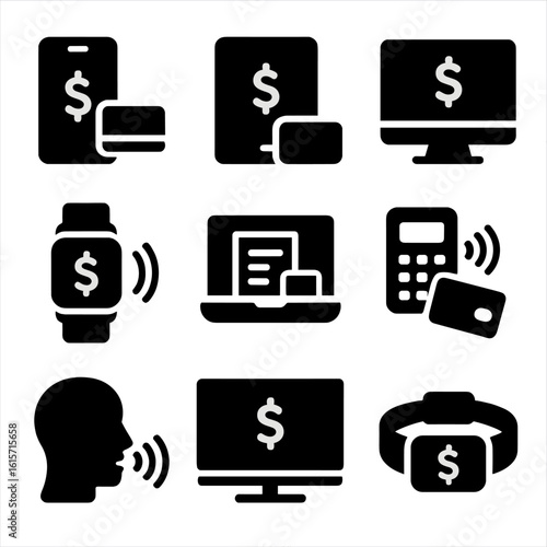 Digital Payment Icons. Solid style icons of transaction methods on devices: mobile phone payment, tablet transaction, desktop