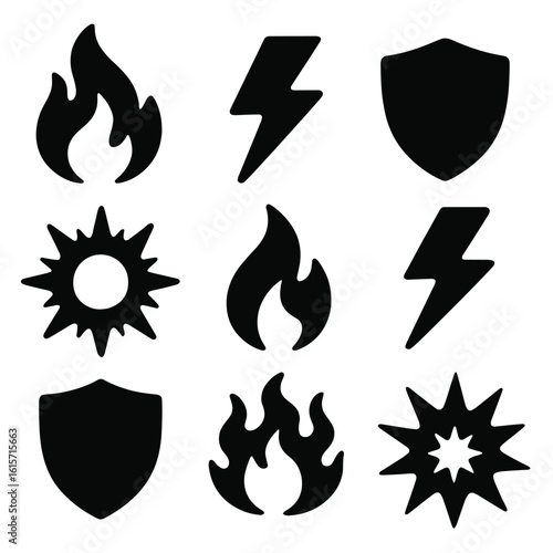Elemental Icon Overlays. Solid style icons of thematic overlays: flame sticker icon, bolt overlay graphic, shield stamp, energy