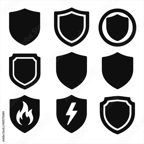 Stylized Shield Icons. Solid style icons of shield frames and outlines: wide shield border, double-lined shield, ringed defense