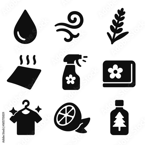 Freshness Icons. Solid style icons of scent and freshness: fragrance droplet, fresh breeze swirl, lavender scent icon, scented