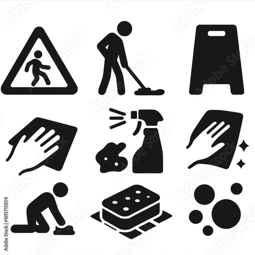 Cleaning Icons Collection. Solid style icons of cleaning in progress: caution wet floor, person mopping, cleaning in action, spray