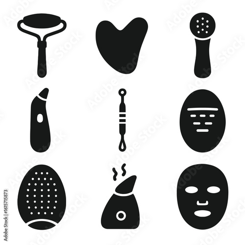 Facial Care Tool Icons. Solid style icons of facial care tools: jade roller, gua sha stone, facial cleansing brush, pore vacuum