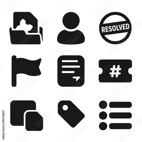 Ticket Management Icons. Solid style icons of ticketing and case management: open ticket file, assigned case avatar, ticket status