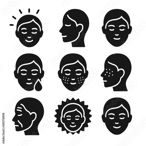 Skincare Benefit Icons. Solid style icons of skincare benefits: glowing skin icon, smooth skin texture, even tone symbol,