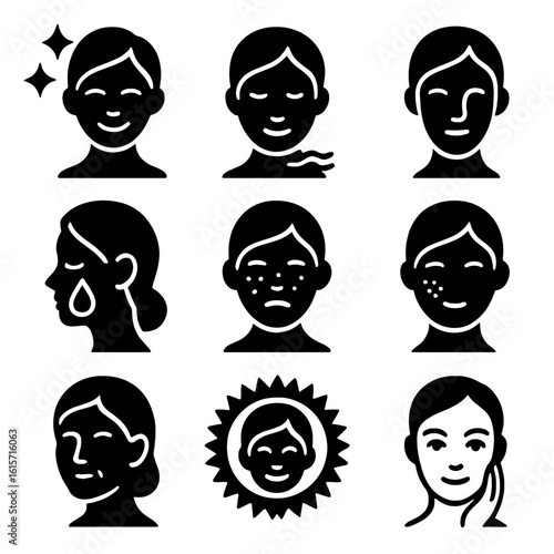 Skincare Benefit Icons. Solid style icons of skincare benefits: glowing skin icon, smooth skin texture, even tone symbol,