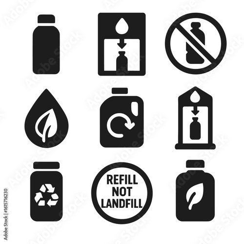 Eco Water Icons. Solid style icons of reusable and eco-friendly water use: stainless bottle icon, refill station, no single-use