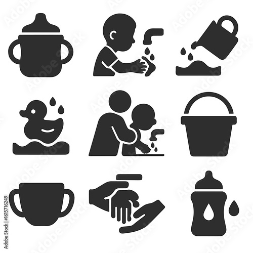 Children's Water Icons. Solid style icons of children and water use: sippy cup, child washing hands, small pitcher pour, bath toy