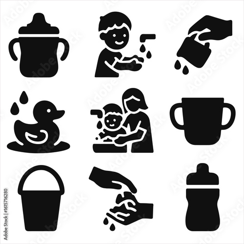 Children's Water Icons. Solid style icons of children and water use: sippy cup, child washing hands, small pitcher pour, bath toy
