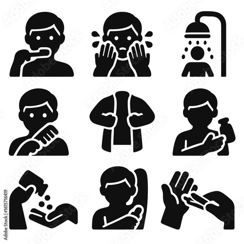 Self-Care Icons. Solid style icons of daily self-care: brushing teeth, washing face, showering, combing hair, getting dressed,