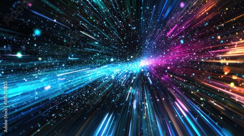 A vibrant, colorful, abstract digital artwork featuring a burst of energy and light, with a mix of blue, purple, and pink hues, set against a dark background.