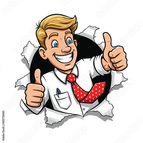 Successful Businessman Giving Thumbs Up, Breaking Through a Hole
