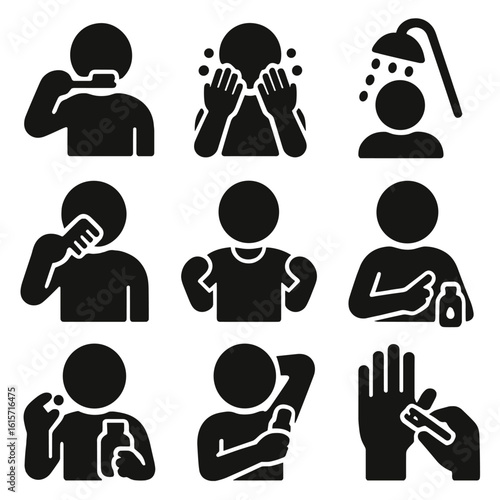 Self-Care Icons. Solid style icons of daily self-care: brushing teeth, washing face, showering, combing hair, getting dressed,