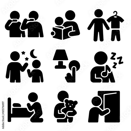 Bedtime Routine Icons. Solid style icons of bedtime and evening routines: brushing teeth together, reading bedtime book, changing