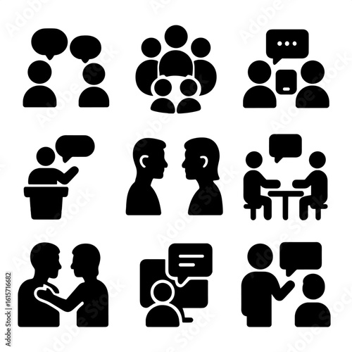 Dialogue and Interaction Icons. Solid style icons of different types of dialogue and social interaction: one-on-one conversation,