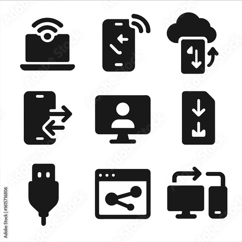 Connectivity Icons Collection. Solid style icons of mobile and desktop connectivity: laptop with Wi-Fi icon, phone hotspot symbol,