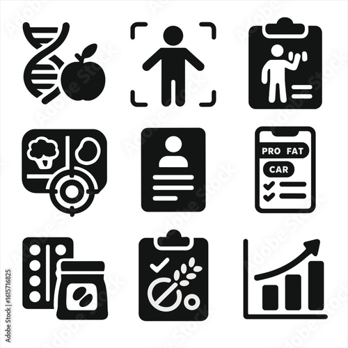 Personalized Nutrition Icons. Solid style icons of personalized nutrition and fitness: DNA-based diet icon, body composition scan,