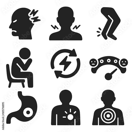 Chronic Conditions Icons. Solid style icons of chronic conditions and lingering discomfort: migraine head with pulse lines, stiff