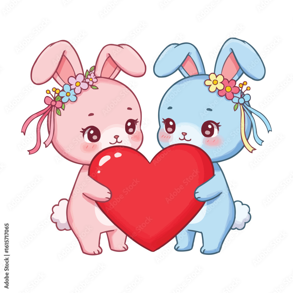 Naklejka premium Cute Bunnies Holding a Heart