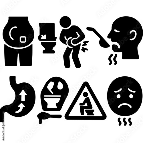 Digestive Discomfort Icons. Solid style icons of digestive and stomach discomfort: bloated belly icon, stomach ache figure, nausea