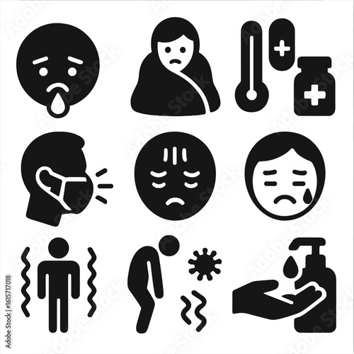 Cold Symptoms Icons. Solid style icons of common colds and viral illness symptoms: runny nose face, figure under tissue blanket,