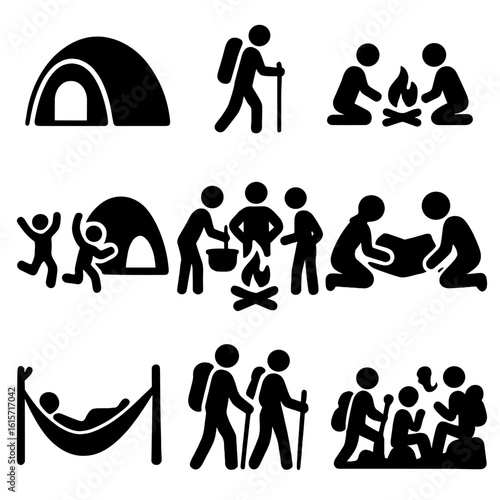 Camping Icons Montage. Solid style icons of group and solo camping setups: family tent, solo hiker icon, couple around fire, kids