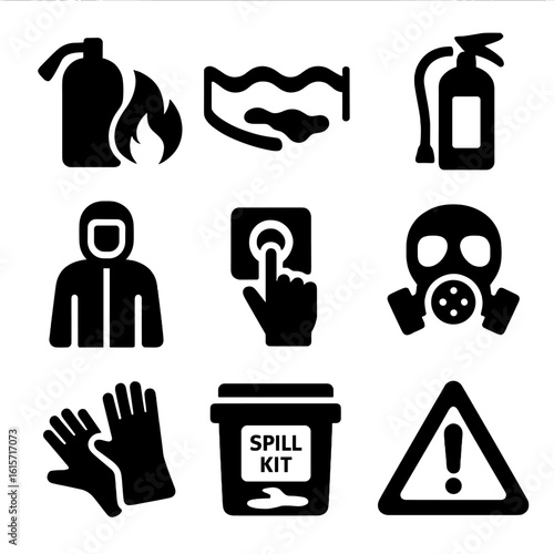 Emergency Response Icons. Solid style icons of safety and emergency response: flame suppression unit, oil spill boom barrier, fire