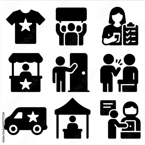 Campaign Volunteer Icons. Solid style icons of campaign volunteers and staff: campaign t-shirt figure, sign waving group,