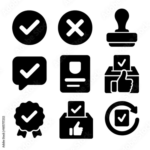 Voting Feedback Icons. Solid style icons of visual vote feedback: green check vote, red X reject icon, confirmation stamp,