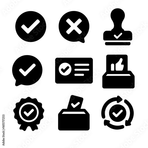 Voting Feedback Icons. Solid style icons of visual vote feedback: green check vote, red X reject icon, confirmation stamp,