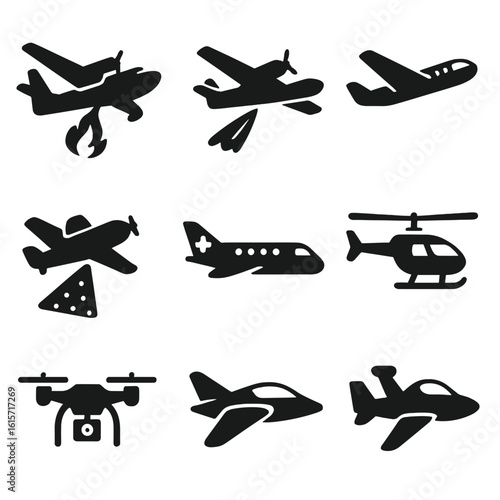 Specialty Aircraft Icons. Solid style icons of specialty aircraft: water bomber plane, firefighting aircraft, aerial survey plane,