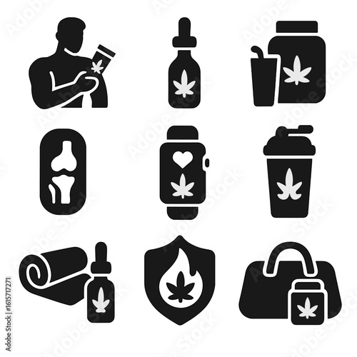 CBD Fitness Icons. Solid style icons of CBD and fitness: athlete with CBD cream, recovery aid dropper, post-workout drink icon,