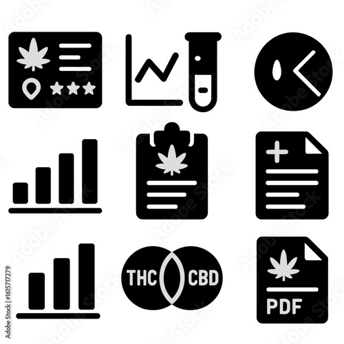 Cannabis Research Technology Icons. Solid style icons of cannabis research data and tech dashboards: dashboard with strain metrics