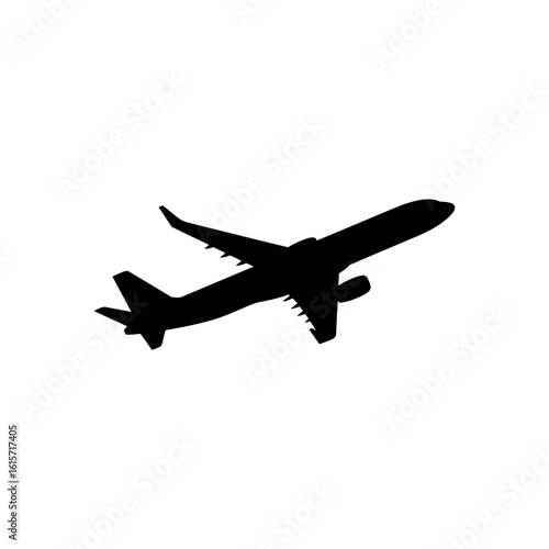 Black silhouette of a passenger airplane ascending against a white background aircraft