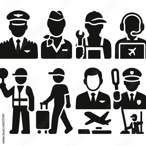 Aviation Profession Icons. Solid style icons of aviation professions: commercial pilot icon, flight attendant silhouette, aircraft