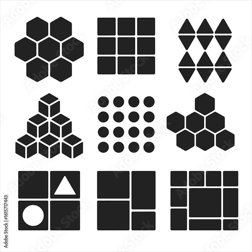 Geometric Grid Patterns. Solid style icons of geometric tiling and grids: hexagonal tile pattern, square grid, triangular mesh,