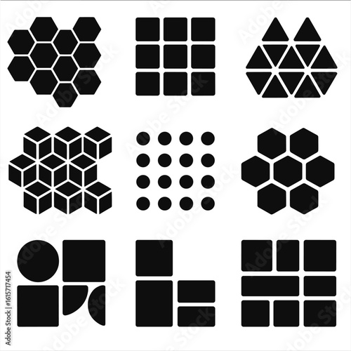 Geometric Grid Patterns. Solid style icons of geometric tiling and grids: hexagonal tile pattern, square grid, triangular mesh,