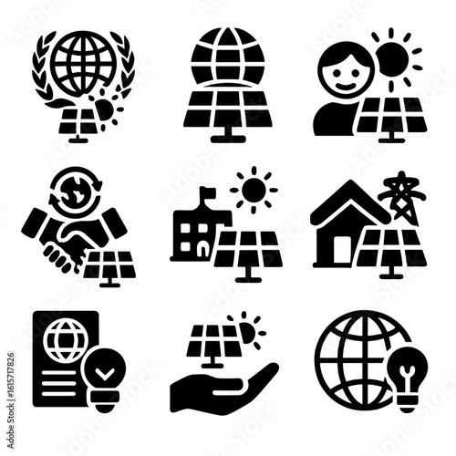Global Solar Icons. Solid style icons of global solar energy initiatives: UN solar mission icon, World Bank solar funding, solar