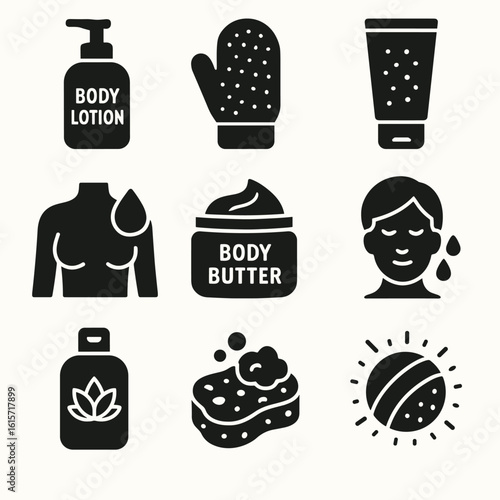 Body Care Essentials Icons. Solid style icons of body care essentials: body lotion bottle, exfoliating glove, scrub tube,
