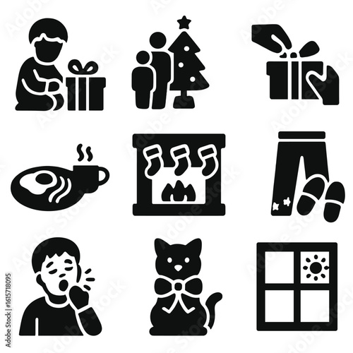 Christmas Morning Icons. Solid style icons of Christmas morning traditions: child opening gift, family near tree, unwrapping box,