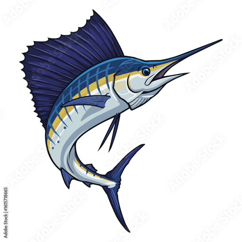 Sailfish leaping out of water, detailed illustration with blue and yellow hues