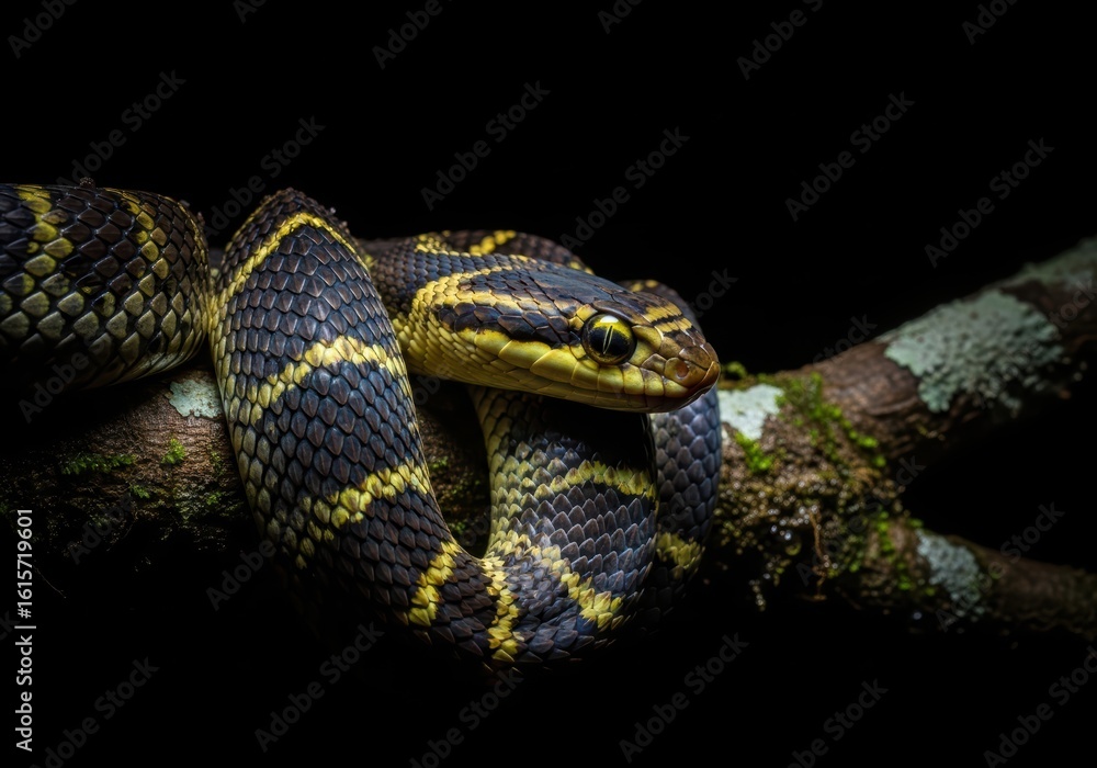 Obraz premium Green Tree Python on Branch in Low Light Macro Wildlife Photography
