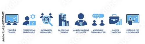 Training and development banner web icon vector illustration concept with icon of trainer, professional development, supervisory, trainee, instructor, coaching, career transition, and communication
