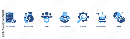 ERP banner web icon vector illustration concept for enterprise resource planning with icon of inventory, financials, hrm, production, service, purchasing, and mrp